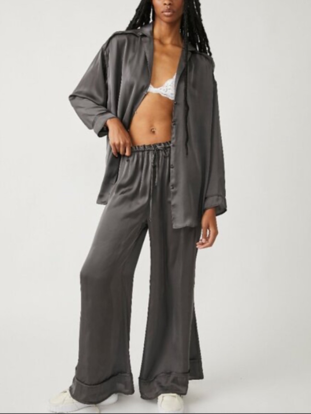 Free People Dreamy Days Black Satin Pajamas Set